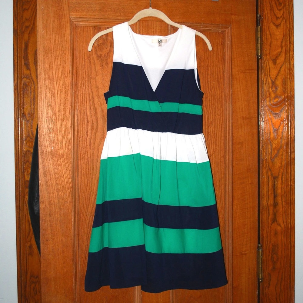 Green, White, and Navy Blue Striped Dress